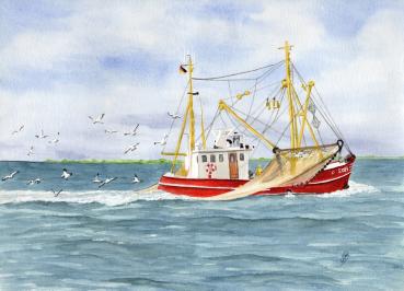 Poster DIN-A3 Watercolor Maritime Art Print Denmark North Sea Baltic Sea Fishing boat  fisherboat cutter Seagulls